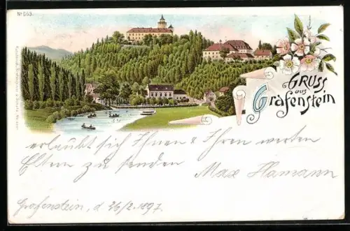 Lithographie Grafenstein, Ortsansicht mit See und Ruderbooten