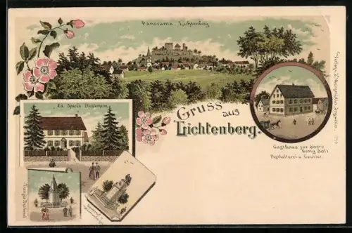 Lithographie Lichtenberg, Gasthaus zur Sonne von Georg Soft, Ed. Spach`s Dichterheim, Französ. Denkmal