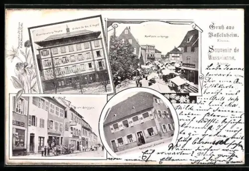 Lithographie Wasselnheim /Elsass, Gasthof Schwartz, Eisenhandlung Voegele, Im Schillingen, Marktplatz am Montag