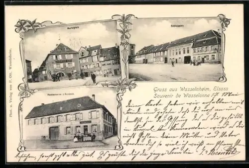 AK Wasselnheim /Elsass, Marktplatz mit Apotheke Kopp, Restaurant J. Reinbold, Gasthof zum Stern am Schlossplatz