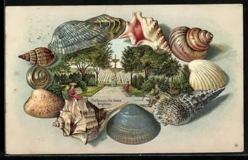 Passepartout-Lithographie Brighton, The Fountain, Old Steine, gerahmt von Muscheln