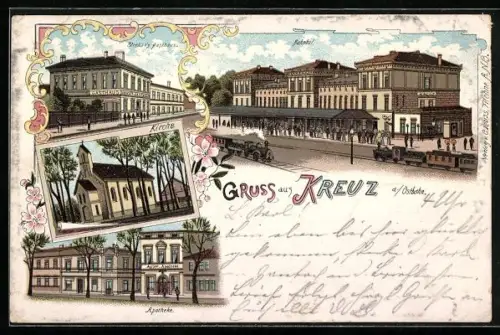 AK Kreuz a. Ostbahn, Bahnhof, Strehse`s Gasthaus, Kirche, Adler-Apotheke