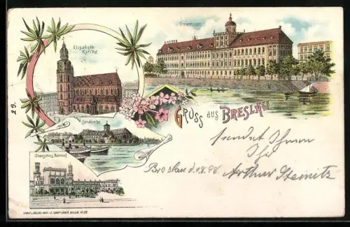 Lithographie Breslau, Oberschles. Bahnhof, Elisabeth Kirche, Universität, Sandkirche