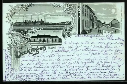 Mondschein-Lithographie Ueckingen /Lothr., Bahnhof, Eisenwerk Ueckingen, Strassenpartie im Vollmondlicht