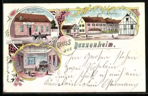 Lithographie Dunzenheim, Gasthaus zu den zwei Schlüsseln, Inh. Th. Merkel, Schulhaus u. Umgebung