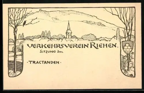 Lithographie Riehen, Verkehrsverein Riehen, Blick zur Kirche