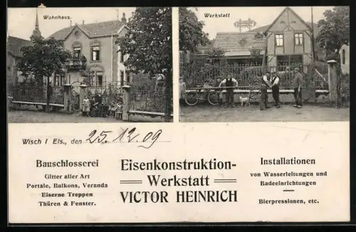 AK Wisch i. Els., Eisenkonstruktion-Werkstatt Victor Heinrich, Wohnhaus