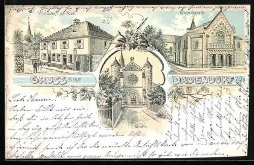 AK Dauendorf i. Els., Gasthof zur Post, Klosterkapelle, Kirche