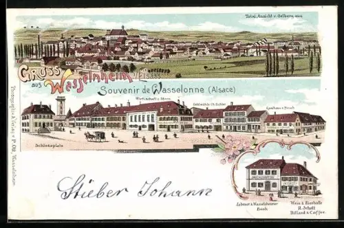 Lithographie Wasselnheim i. Elsass, Gasthaus zum Stern, Gasthaus z. Hirsch, Wein & Bierhalle R. Schott, Oelmühle