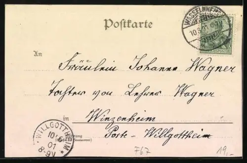 Lithographie Wasselnheim i. Elsass, Gasthaus zum Stern, Gasthaus z. Hirsch, Wein & Bierhalle R. Schott, Oelmühle