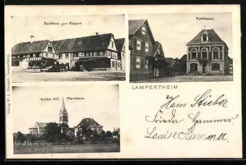 AK Lampertheim, Gasthof zum Rappen, Rathaus, Kirche mit Pfarrhaus