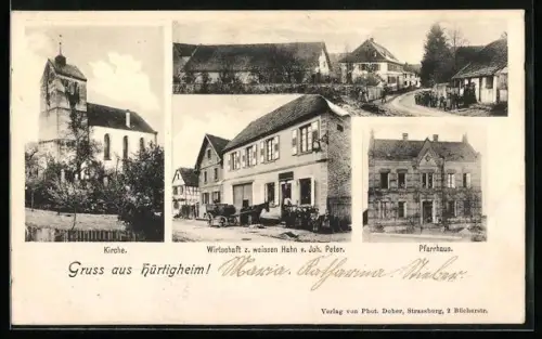 AK Hürtigheim, Gasthaus zum weissen Hahn, Pfarrhaus, Kirche