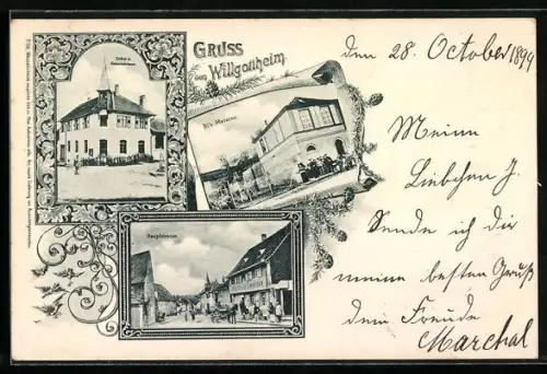 AK Willgottheim, Hauptstrasse, Bi`s Materns, Schul- und Gemeindehaus