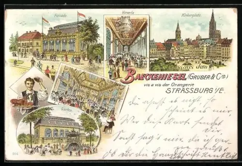 Lithographie Strassburg i. E., Restaurant Baeckehiesel (Gruber & Cie), Kleberplatz