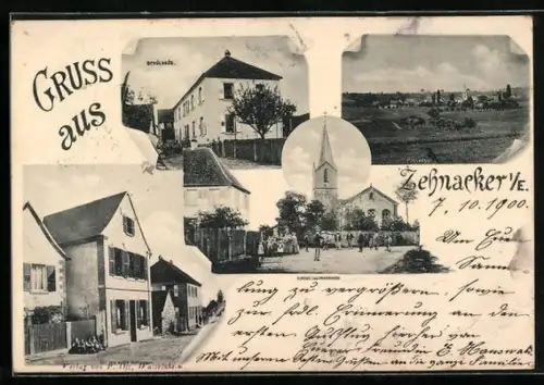 AK Zehnacker i. E., Gasthof, Kirche und Pfarrhaus, Schulhaus