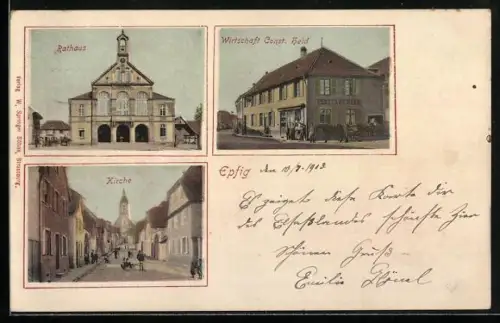 AK Epfig, Gasthaus Const. Held, Rathaus, Blick zur Kirche