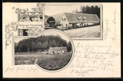 AK Freudenecke b. Wangenburg, Haus an einer Kreuzung mit Wegweiser