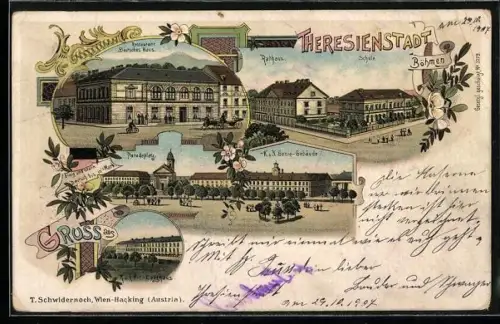 Lithographie Theresienstadt / Terezin, Restaurant Deutsches Haus, Rathaus, Schule, Paradeplatz