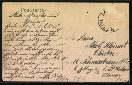 Lithographie Theresienstadt / Terezin, Restaurant Deutsches Haus, Rathaus, Schule, Paradeplatz