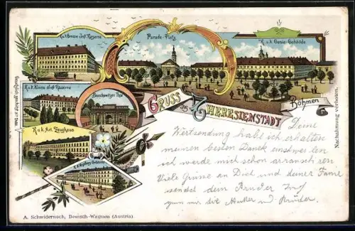 Lithographie Theresienstadt, K. u. k. Genie-Gebäude, Parade-Platz, Zeughaus