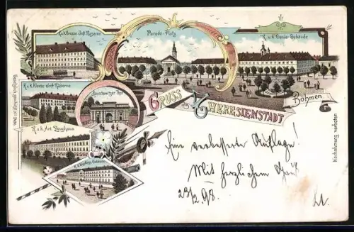 Lithographie Theresienstadt, Parade-Platz, Infanterie-Kasernen, Zeughaus