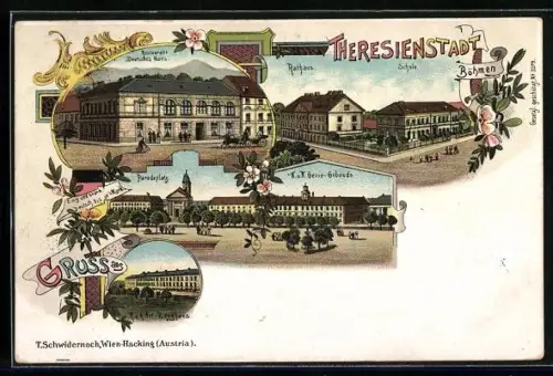 Lithographie Theresienstadt / Terezin, Restaurant Deutsches Haus, Rathaus, Schule, Paradeplatz