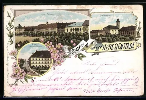 Lithographie Theresienstadt / Terezin, Genie-Gebäude, Grosse Infanterie-Kaserne, Garnisonkirche