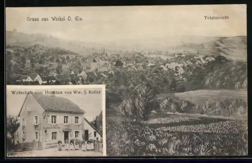 AK Winkel /O. Els., Wirtschaft zum Hirschen von Ww. J. Koller, Totalansicht des Ortes