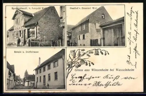 AK Winzenheim bei Wasselnheim, Gasthof von Emanuel Weil, Spezereihandlung von Leopold Weil, Schule und Dorfstrasse