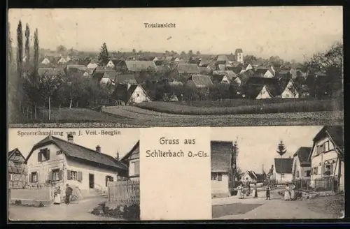 AK Schlierbach /O. Els., Spezereihandlung von J. Vest.-Boeglin, Totalansicht des Ortes vom Feld aus