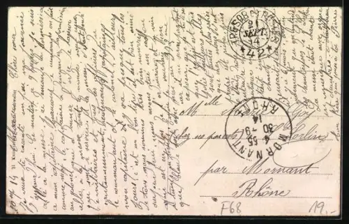 AK Mansbach /O.-Els., Spezereihandlung und Küferei von Alfons Schwob, Gemeinde- und Schulhaus, Kirche, Eisenbahnbrücke