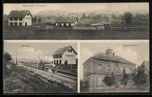 AK Friesen, Bahnhof von Friesen mit einfahrendem Personenzug, Gemeindehaus