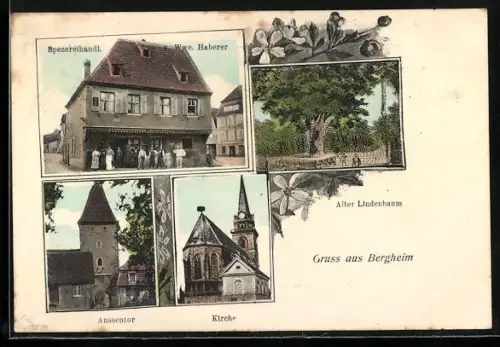 AK Bergheim, Gasthof von Wwe. Haberer, Alter Lindenbaum, Aussentor, Kirche