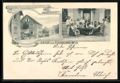 AK Eckbolsheim i. Els., Gasthaus zum Grenadier von M. Ulrich, Gaste vor dem Gasthaus
