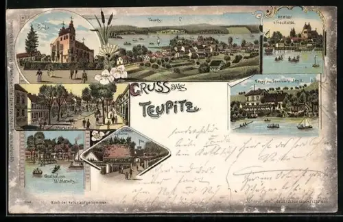 Lithographie Teupitz, Gasthof v. W. Marwitz, Gasthof v. Fr. Mende. Marktplatz, Segelboot, Ruderboot