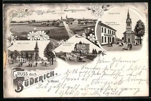 Lithographie Büderich b. Wesel, Wacht am Rhein, Katholische Kirche, Evangelische Kirche, Restauration Wilh. van Dawen