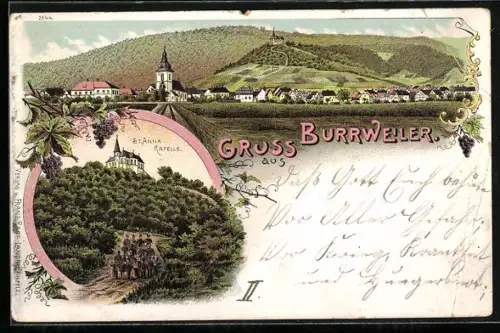 Lithographie Burrweiler, Ausflug zur St. Anna-Kapelle, Ortsansicht