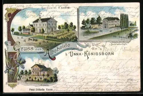 Lithographie Unna-Königsborn / Alteheide, Schule, Restauration H. Koepe, Haus Heide v. Rodelschwingh