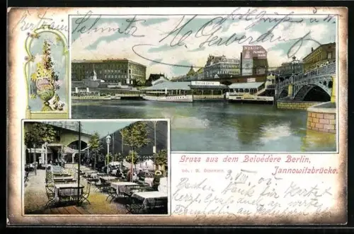 AK Berlin, Restaurant Belvédère an der Jannowitzbrücke mit Gästebereich und Aussenansicht
