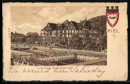 Lithographie Kiel, Logirhaus, Seebadeanstalt, Wappen