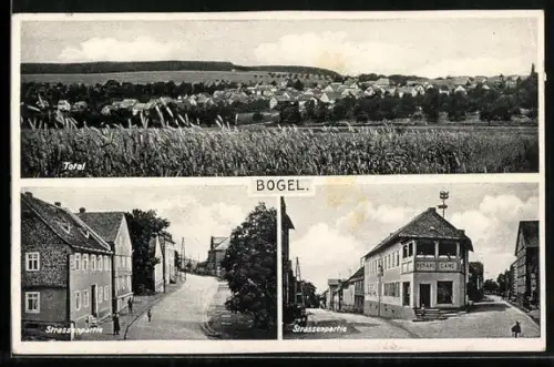 AK Bogel, Totalansicht und Strassenpartie mit Geschäft von Richard Lang