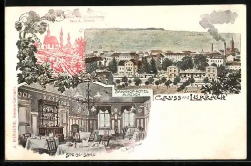 Lithographie Lörrach, Bahnhof-Hotel, Speise-Saal, Kapelle am Hünerberg