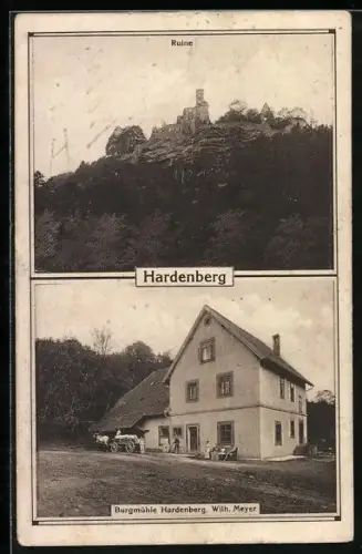 AK Hardenberg / Nörten, Restaurant Burgmühle, Bes. Wilh. Meyer, Blick zur Ruine