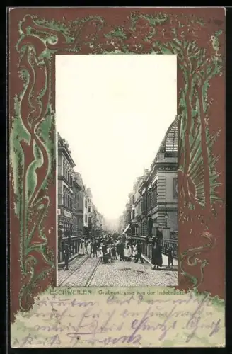 Präge-AK Eschweiler, Grabenstrasse von der Indebrücke im Jugendstil-Passepartout