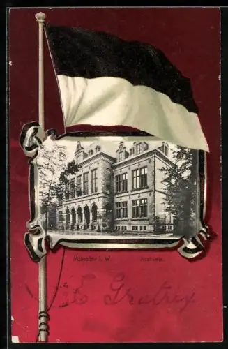 AK Münster i. W., Academie im Passepartout mit Fahne