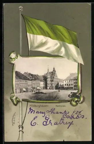 AK Hildburghausen, Blick auf den Marktplatz, Passepartout mit Fahne