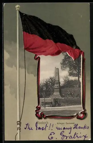 AK Rostock, Kriegerdenkmal, Passepartout mit Fahne