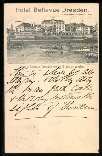 Lithographie Dresden, Hotel Bellevue, Inh. R. Ronnefeld, Dampfer König Albert