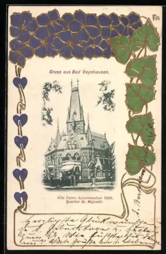 Präge-AK Bad Oeynhausen, Kaisermanöver 1898, Villa Farne, Blumen-Passepartout