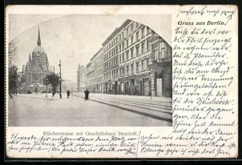 AK Berlin-Kreuzberg, Blücherstrasse mit Geschäftshaus Steusloff